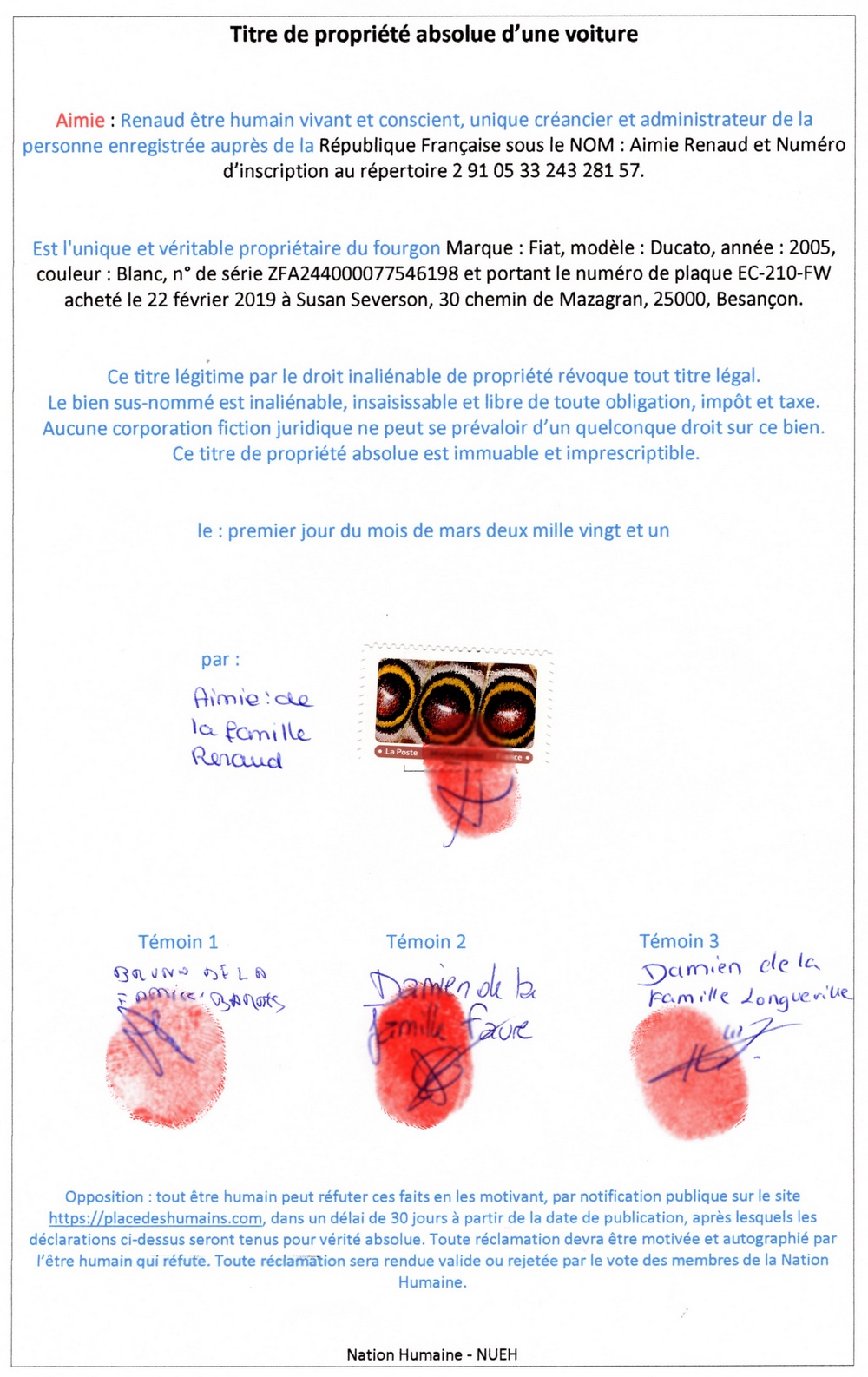 Aimie Renaud titre de propriete fourgon