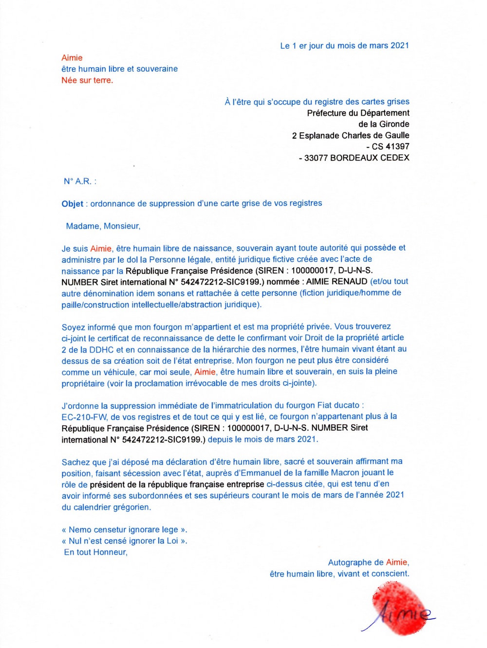 Aimie Renaud suppression carte grise
