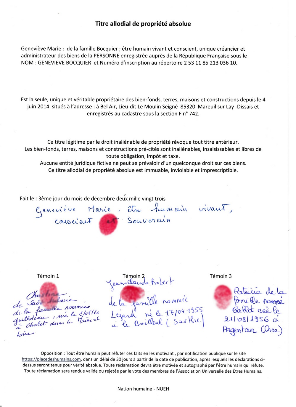 titre allodial propriete Bocquier