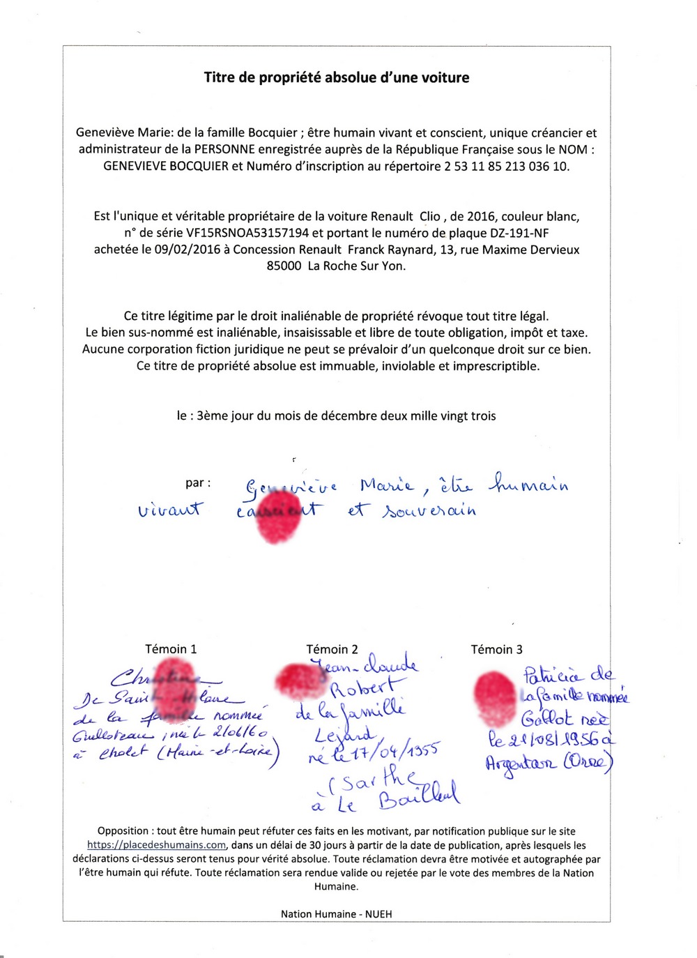 titre propriete voiture Bocquier