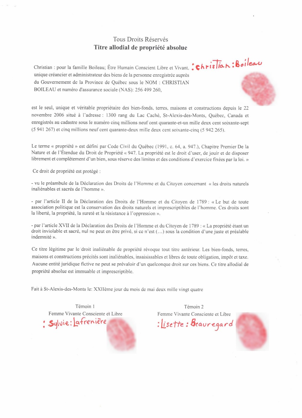 titre allodial de christian