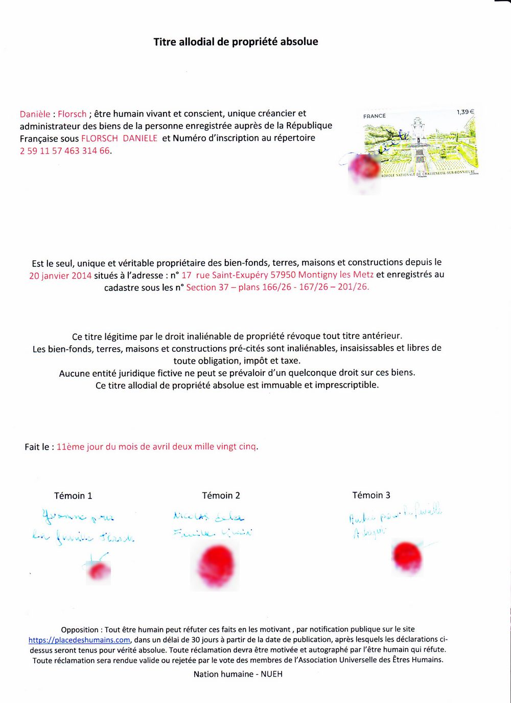 titre allodial de proprite absolue