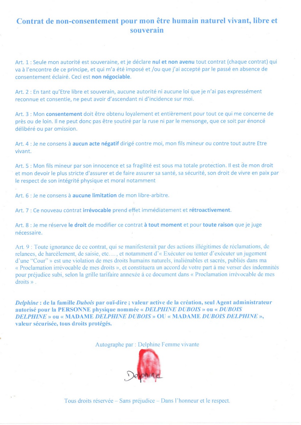 contrar de non consentement pour etre humain avec enfant Delphine Dubois