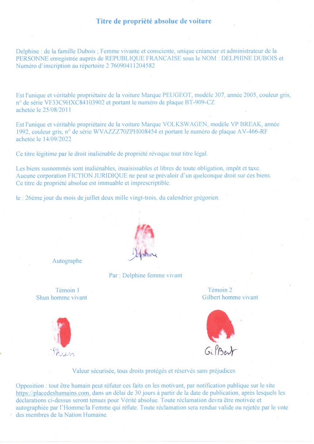 titre de propriete absolue de voiture Delphine Dubois 1248