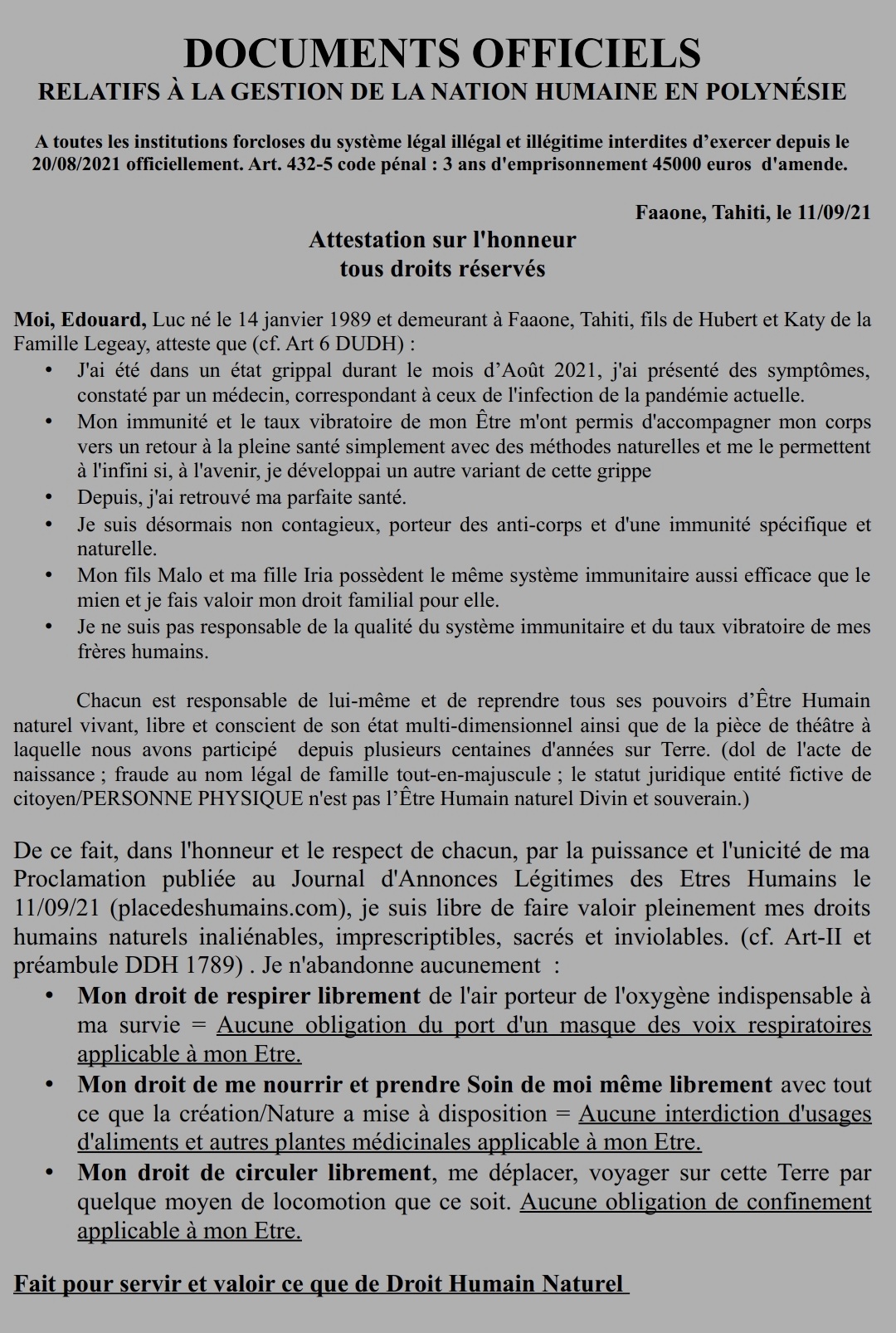 Edouard Attestation sur lhonneur de liberté et de droit