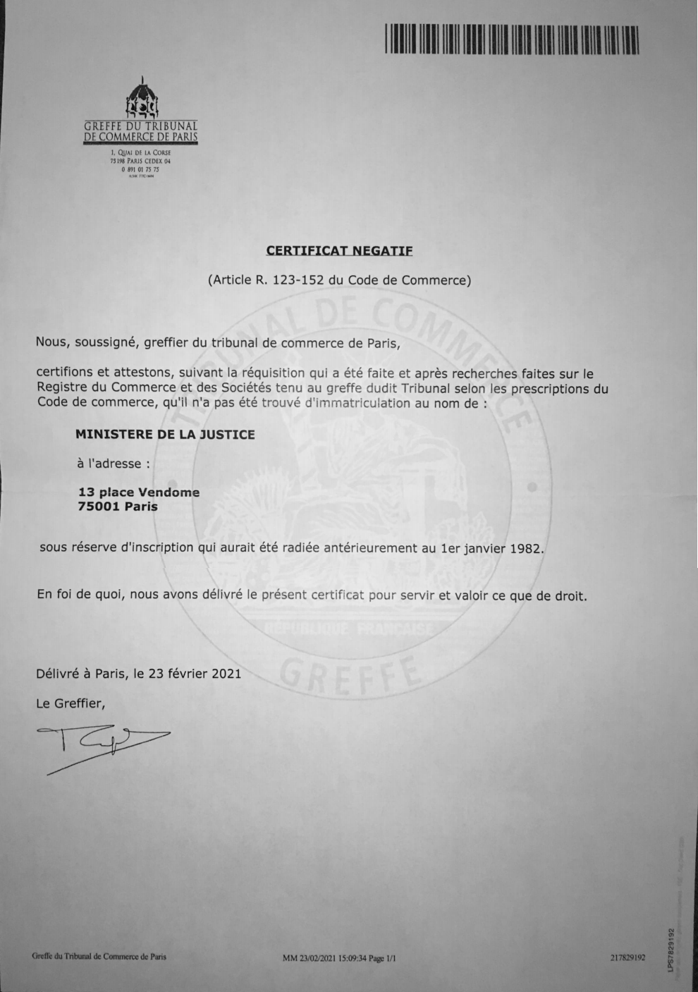 32 certificat du greffier ministre de la justice