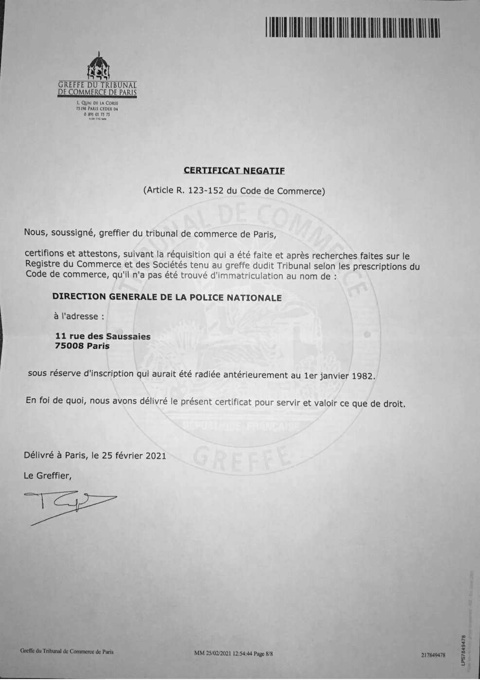 42 certificat de du greffier direction generale de la police nationale