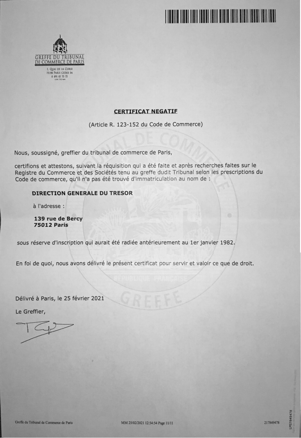 52 certificat du greffier direction generale du tresor