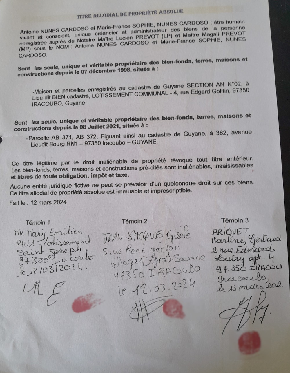 titre allodial de propriete absolue AN No2