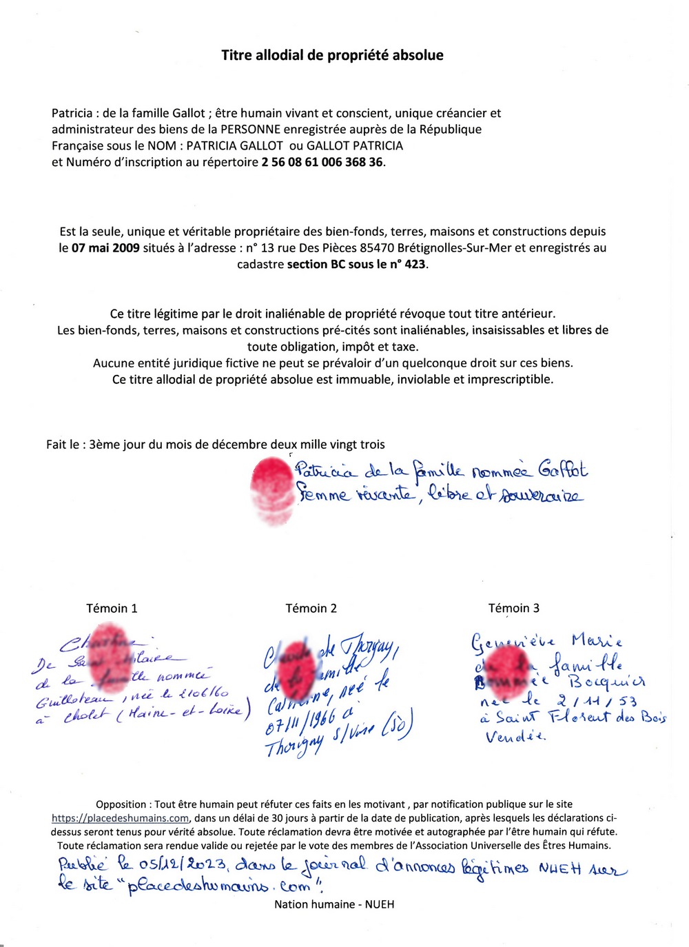 titre allodial prop absolue Patricia Gallot