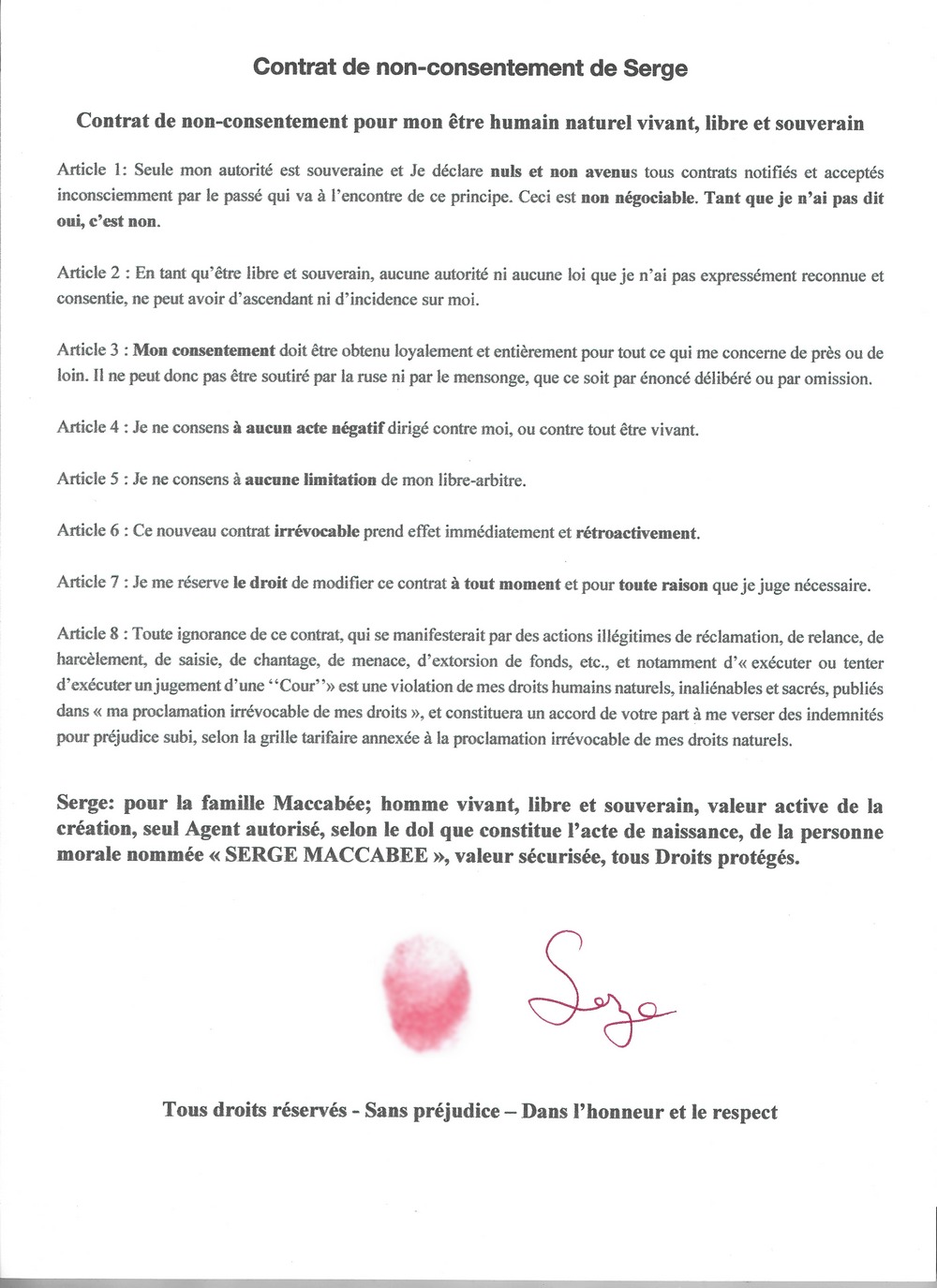 contrat de non consentement de serge