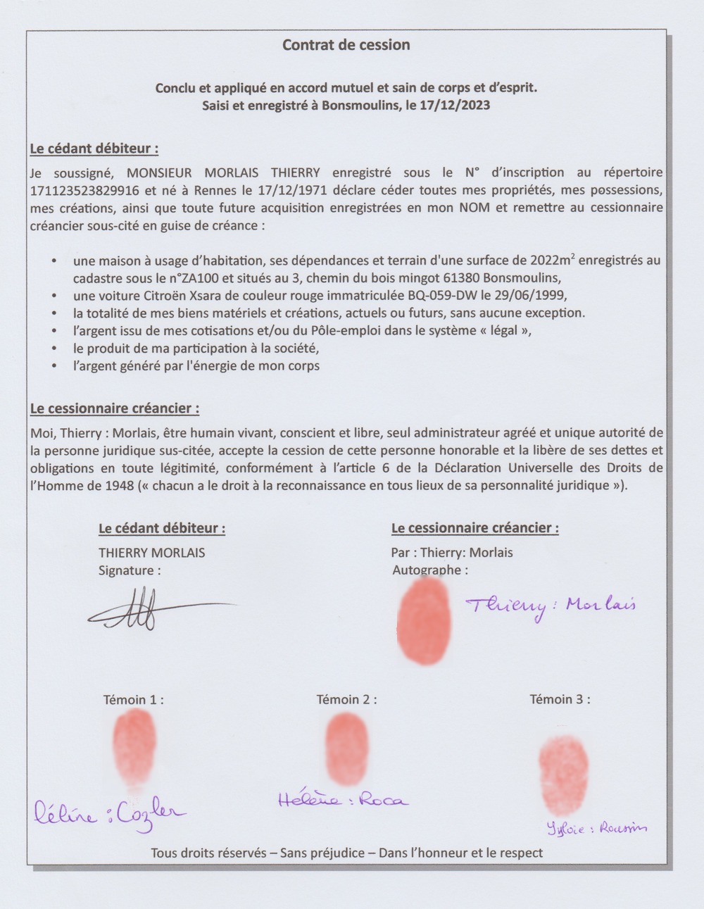 contrat de cession thierry autographe