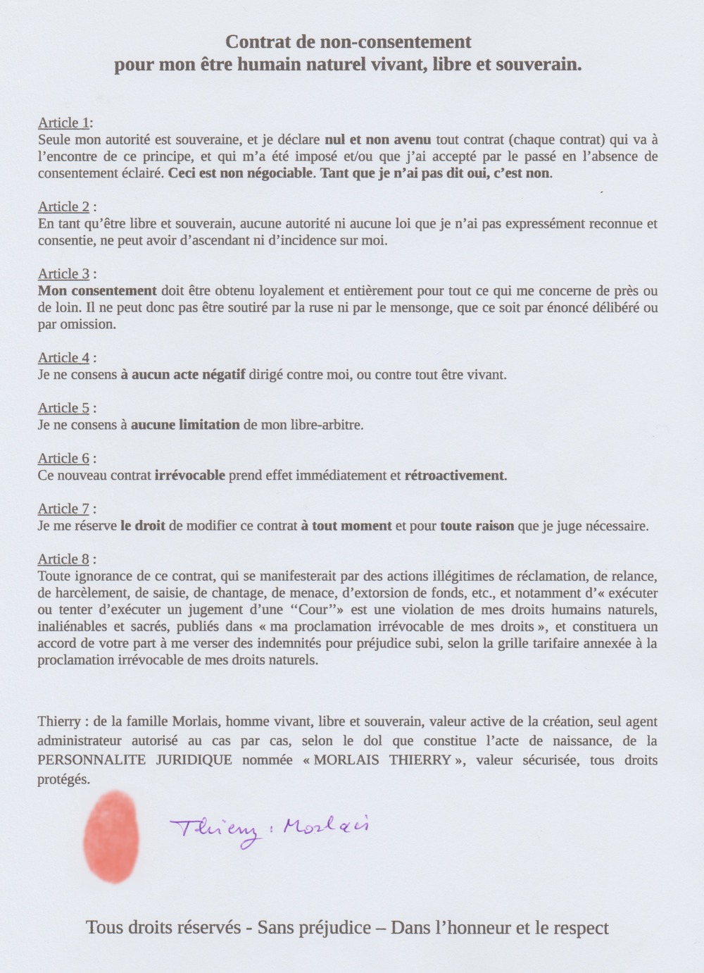 contrat de non consentement thierry autographe Thierry