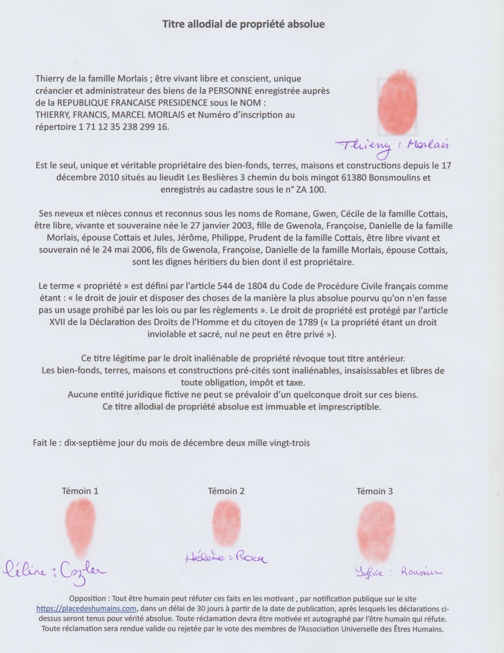 titre allodial de proprite autographe Thierry