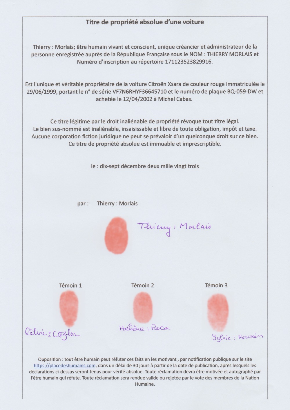 titre de proprite voiture autographe Thierry