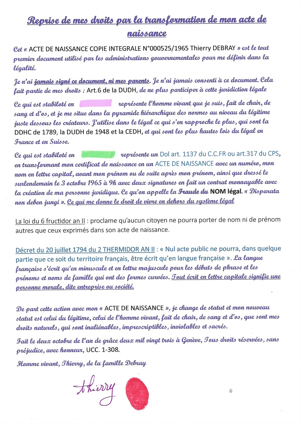 lettre de reprise de mon acte de naissance Thierry